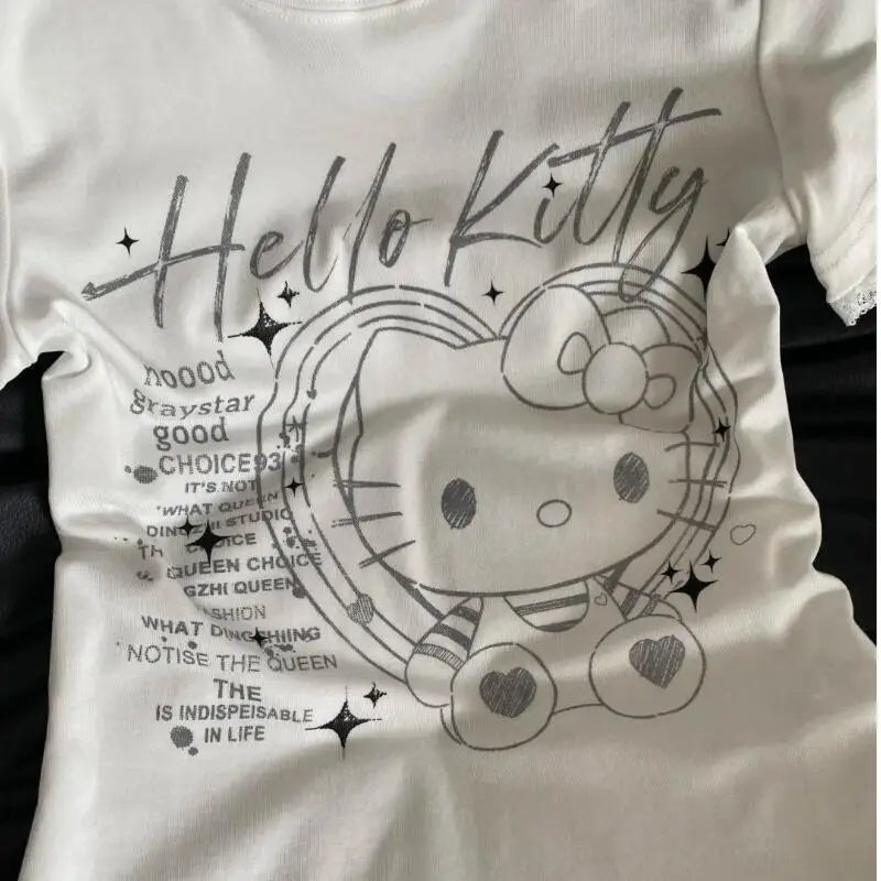 Summer Women's New Sweet Cool Retro Hello Kitty Lace Short-Sleeved T-Shirt Slim Tops Cute Street Fashion 2026 Half-Sleeved Ins