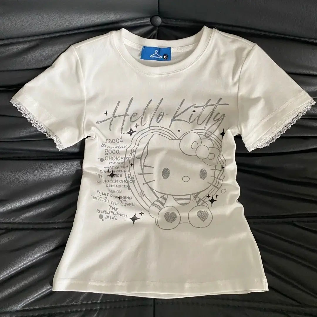 Summer Women's New Sweet Cool Retro Hello Kitty Lace Short-Sleeved T-Shirt Slim Tops Cute Street Fashion 2026 Half-Sleeved Ins