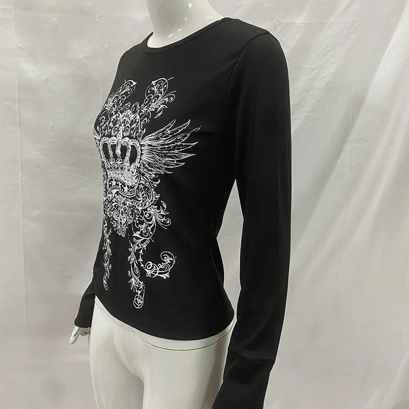 Crown wing print ribbed INS long sleeved top 2026 women's black slim fit Gothic Y2K dark street style T-shirt