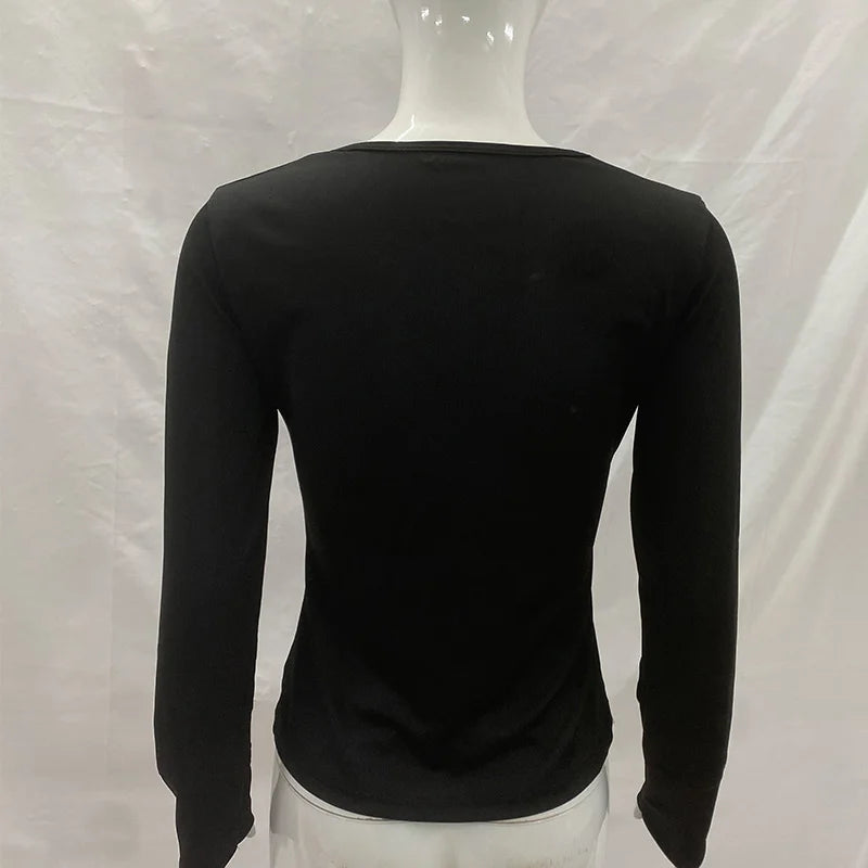 Crown wing print ribbed INS long sleeved top 2026 women's black slim fit Gothic Y2K dark street style T-shirt