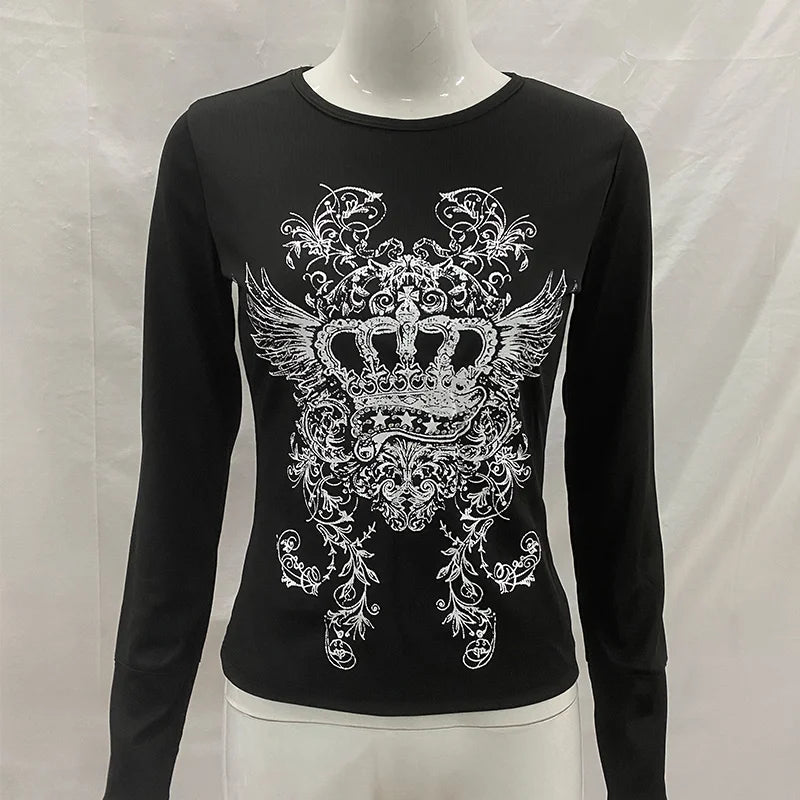 Crown wing print ribbed INS long sleeved top 2026 women's black slim fit Gothic Y2K dark street style T-shirt