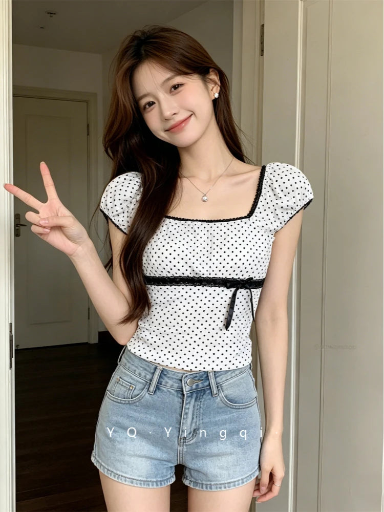 2026 New Summer Pure Desire Wave Point Square Collar T-shirt Lace Bow Waist Slimming Short Top