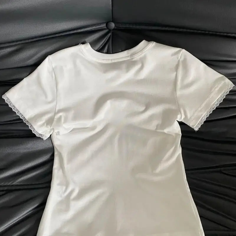 Summer Women's New Sweet Cool Retro Hello Kitty Lace Short-Sleeved T-Shirt Slim Tops Cute Street Fashion 2026 Half-Sleeved Ins