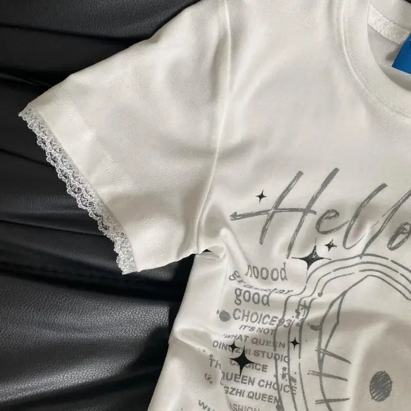 Summer Women's New Sweet Cool Retro Hello Kitty Lace Short-Sleeved T-Shirt Slim Tops Cute Street Fashion 2026 Half-Sleeved Ins