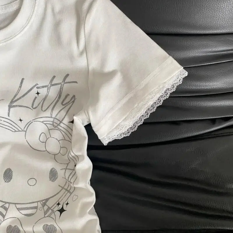 Summer Women's New Sweet Cool Retro Hello Kitty Lace Short-Sleeved T-Shirt Slim Tops Cute Street Fashion 2026 Half-Sleeved Ins