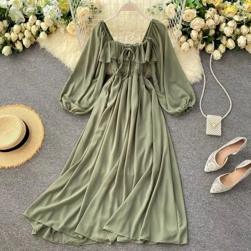 Chic Elegant Square Collar Maxi Dress Women Solid Chiffon Puff Sleeve Dresses 2026 Beach Party Robe Vintage Ruffle Vestidos Y2k