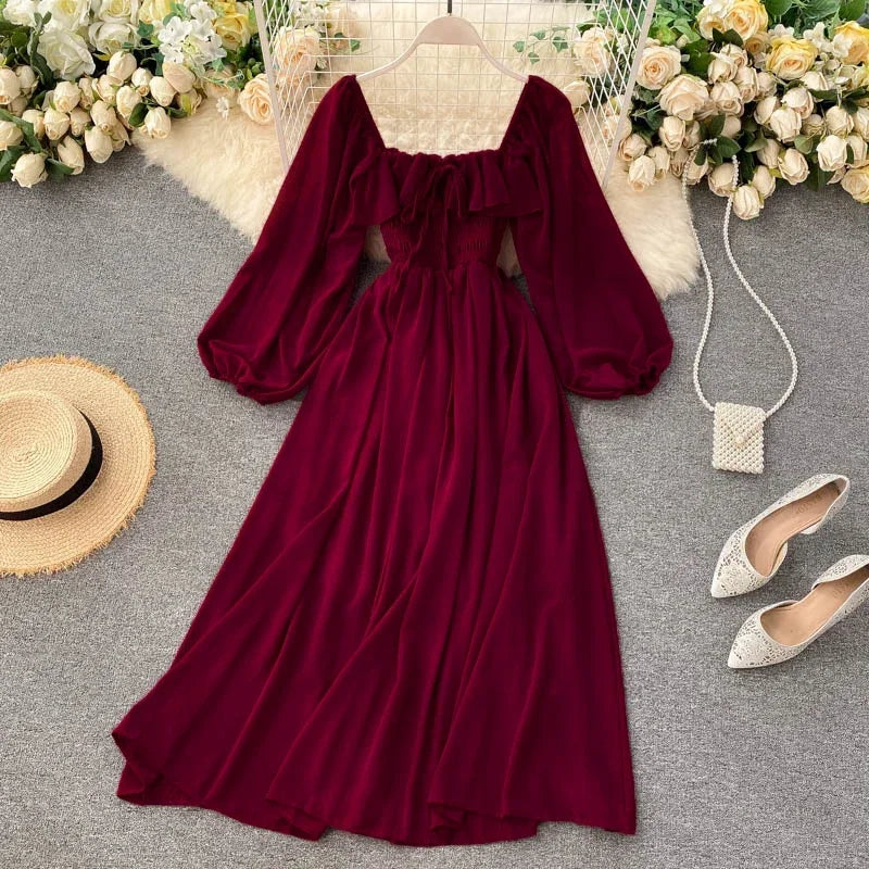 Chic Elegant Square Collar Maxi Dress Women Solid Chiffon Puff Sleeve Dresses 2026 Beach Party Robe Vintage Ruffle Vestidos Y2k