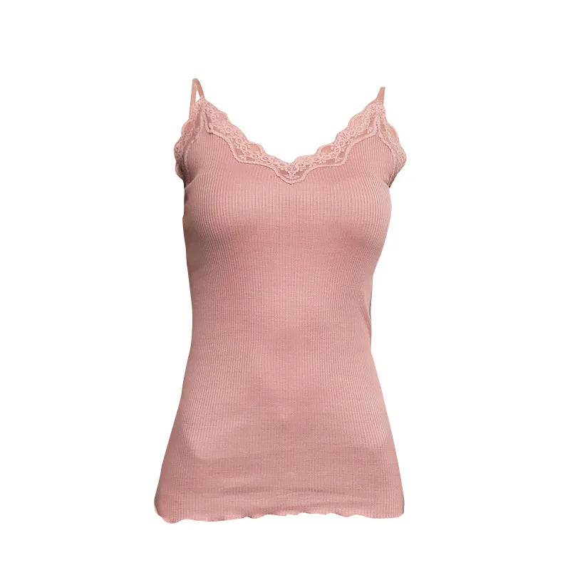 Birdtree 70% Silk 30% Cotton Lace Camisole Women Knit Tank Top Spaghetti Strap Elastic Slim Basic Sleepwear Vest Summer T35701C
