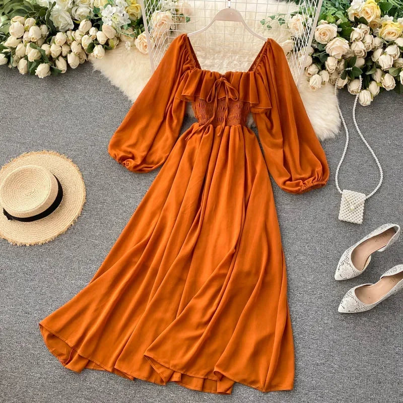 Chic Elegant Square Collar Maxi Dress Women Solid Chiffon Puff Sleeve Dresses 2026 Beach Party Robe Vintage Ruffle Vestidos Y2k