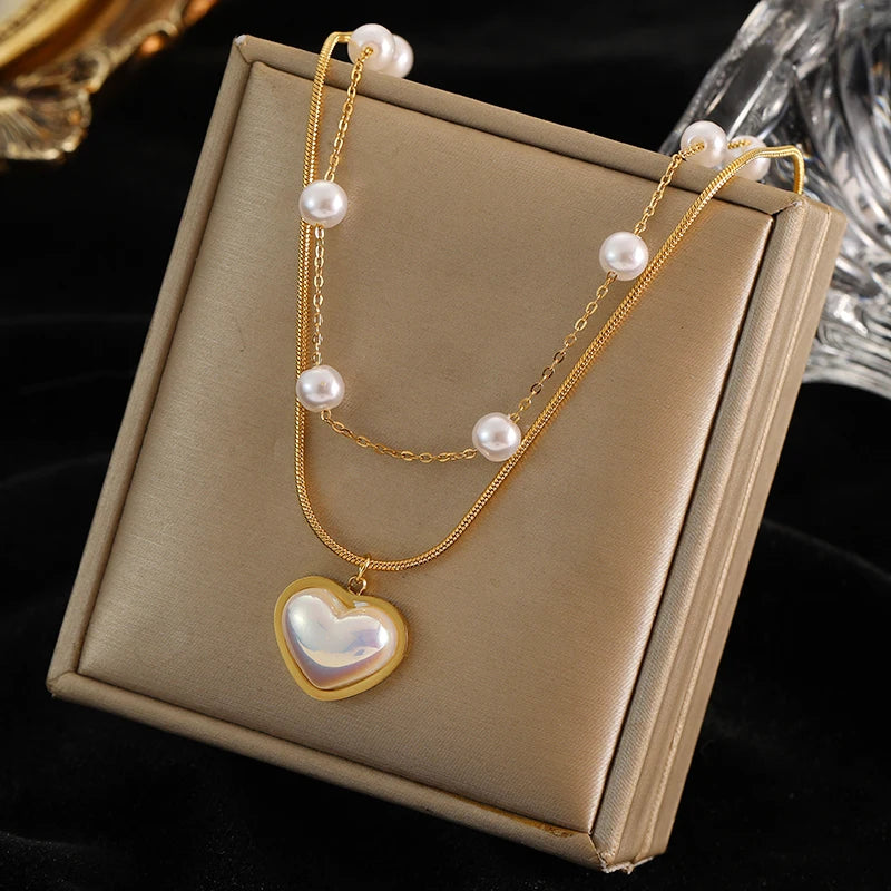 EILIECK 316L Stainless Steel Pearl Heart Pendant Necklace For Women Gold Color Non-fading Charm Choker Jewelry Girls Party Gift