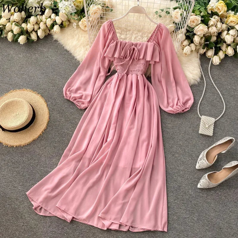 Chic Elegant Square Collar Maxi Dress Women Solid Chiffon Puff Sleeve Dresses 2026 Beach Party Robe Vintage Ruffle Vestidos Y2k