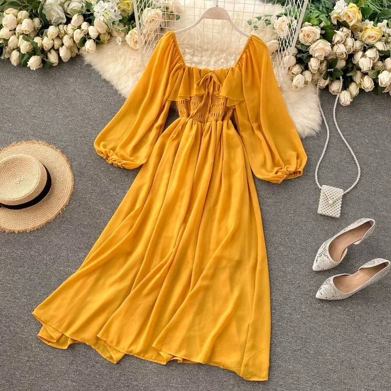 Chic Elegant Square Collar Maxi Dress Women Solid Chiffon Puff Sleeve Dresses 2026 Beach Party Robe Vintage Ruffle Vestidos Y2k