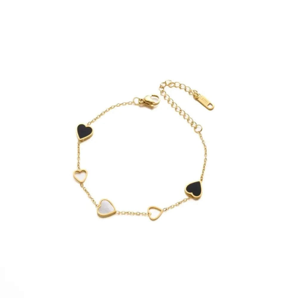 Lovely Adjustable Gold-color Stainless Steel Black White Hollowed-out Heart-shaped Bracelet for Woman Summer Jewelry Colorfast