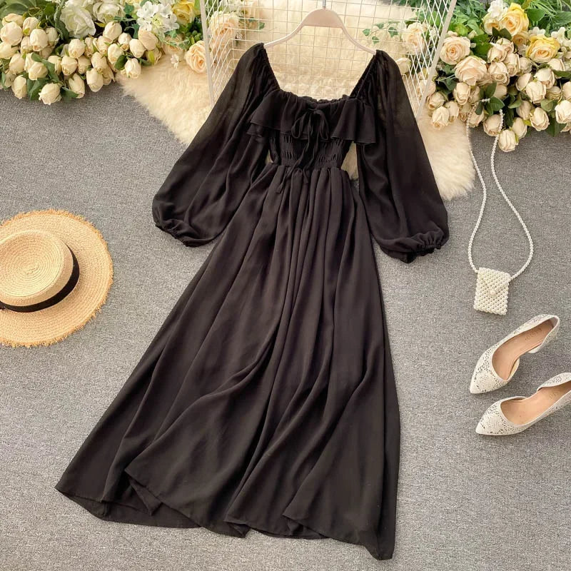Chic Elegant Square Collar Maxi Dress Women Solid Chiffon Puff Sleeve Dresses 2026 Beach Party Robe Vintage Ruffle Vestidos Y2k