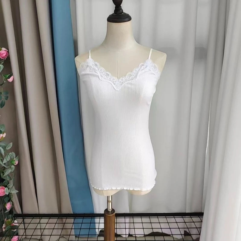 Birdtree 70% Silk 30% Cotton Lace Camisole Women Knit Tank Top Spaghetti Strap Elastic Slim Basic Sleepwear Vest Summer T35701C