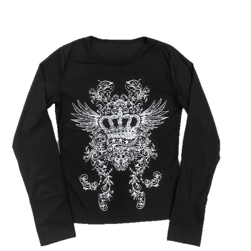 Crown wing print ribbed INS long sleeved top 2026 women's black slim fit Gothic Y2K dark street style T-shirt
