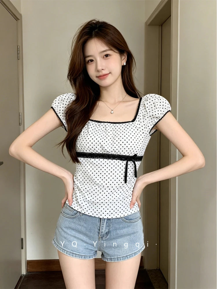 2026 New Summer Pure Desire Wave Point Square Collar T-shirt Lace Bow Waist Slimming Short Top