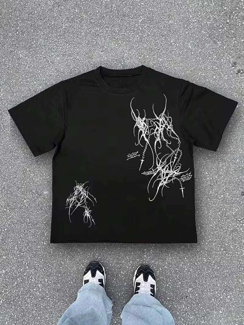 Classic Y2K Gothic Style High Street T-shirt Print Oversized T Shirt Harajuku Round Neck Cotton Tops 2026 Summer Men Women Tops