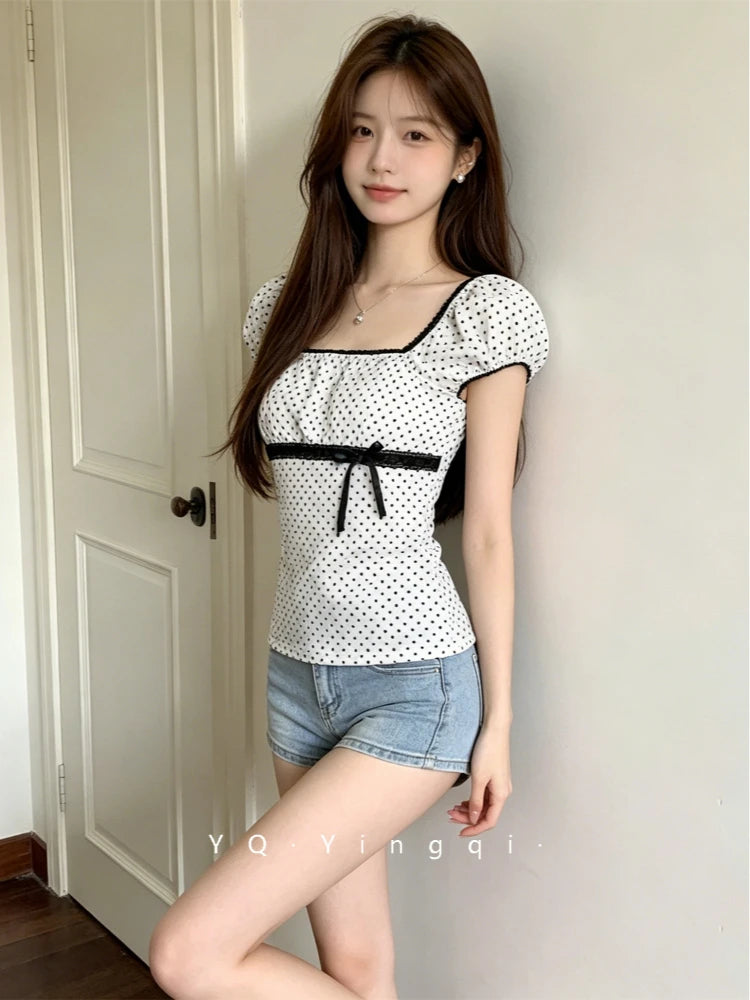 2026 New Summer Pure Desire Wave Point Square Collar T-shirt Lace Bow Waist Slimming Short Top