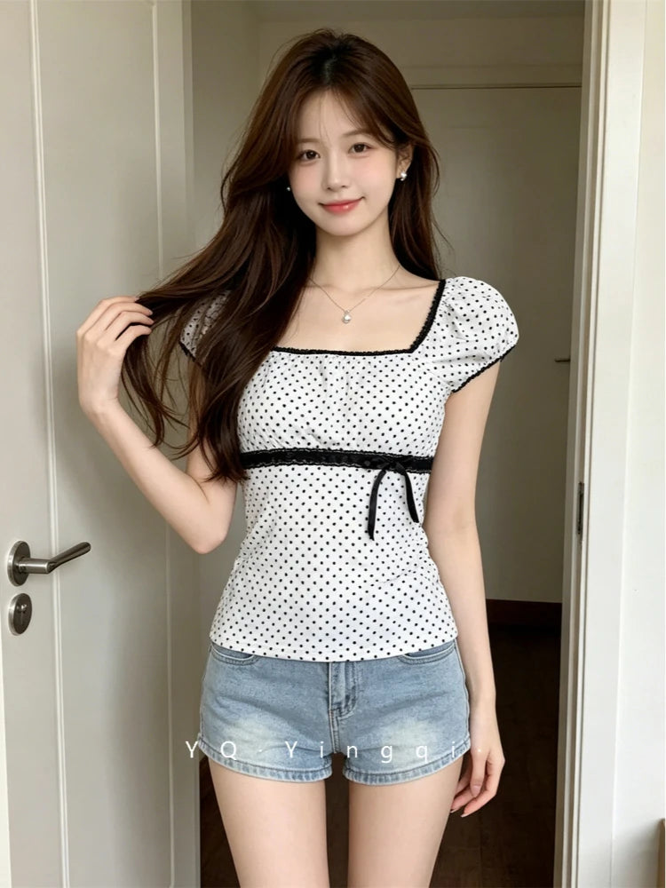 2026 New Summer Pure Desire Wave Point Square Collar T-shirt Lace Bow Waist Slimming Short Top