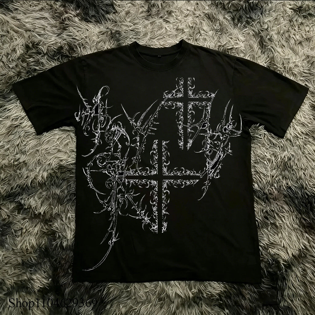 Classic Y2K Gothic Style High Street T-shirt Print Oversized T Shirt Harajuku Round Neck Cotton Tops 2026 Summer Men Women Tops
