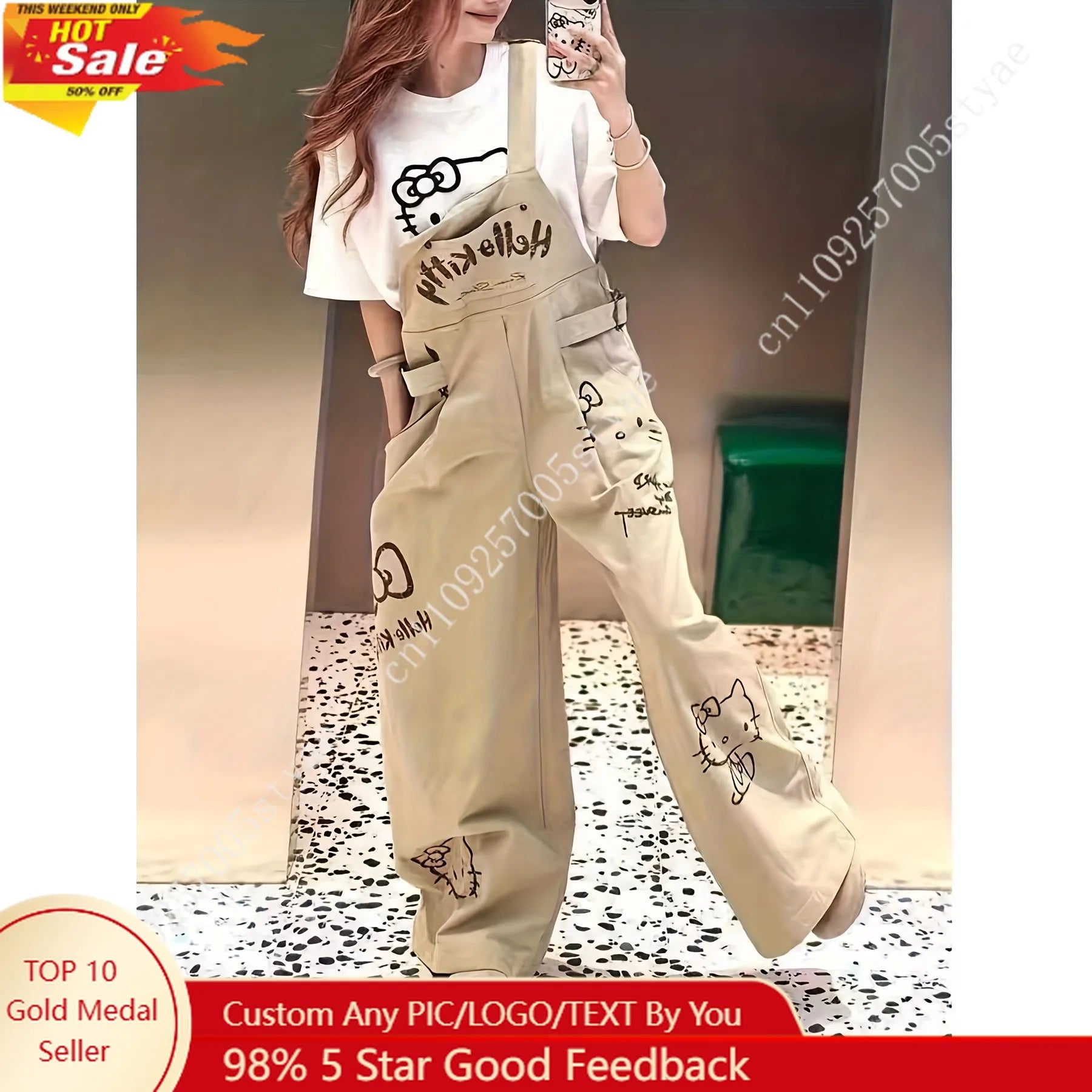 Hello Kitty Design Retro Trendy and Stylish Loose-Fitting Casual Overalls for Women